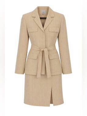 Anne Klein Beige Pinstripe Belted Blazer and Skirt Set